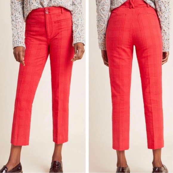 Anthropologie Essential Slim Jacquard Ankle Pants Trousers Red Size 6 - Picture 1 of 15
